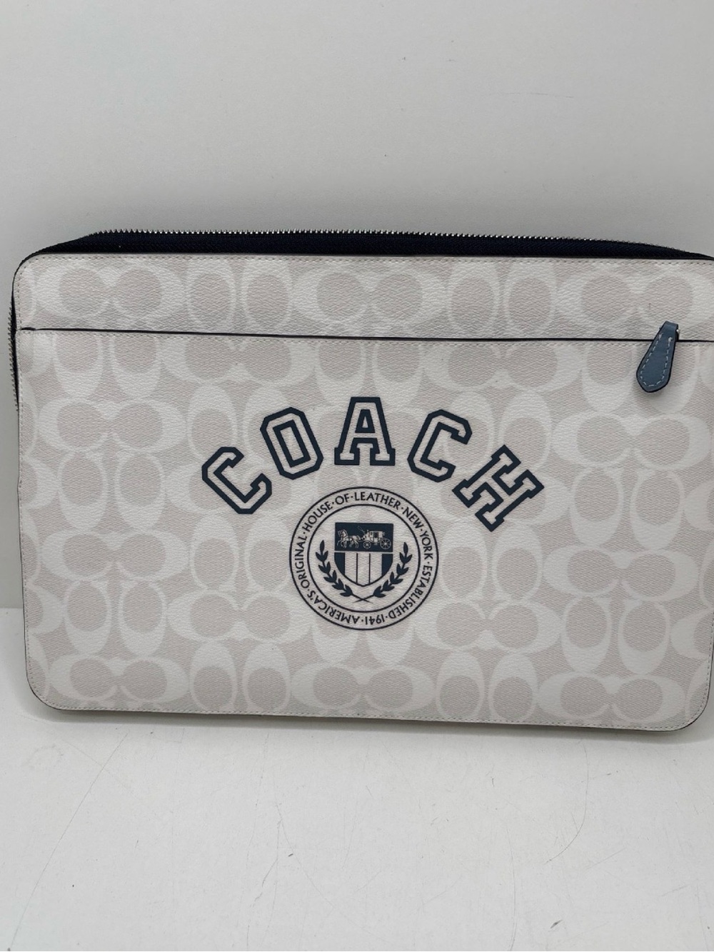 Coach Men’s White Signature Laptop Sleeve with Navy Logo